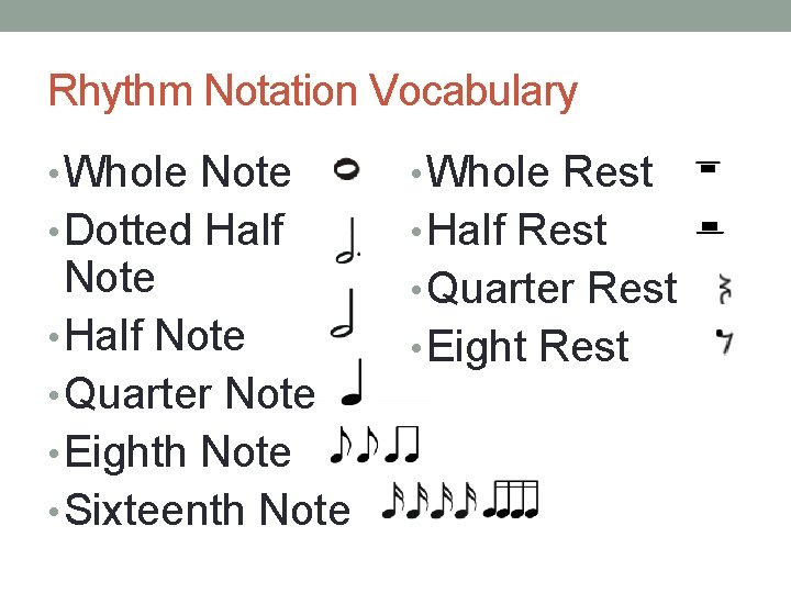 Rhythm Notation Vocabulary • Whole Note • Whole Rest • Dotted Half • Half Rhythm Notation Vocabulary • Whole Note • Whole Rest • Dotted Half • Half