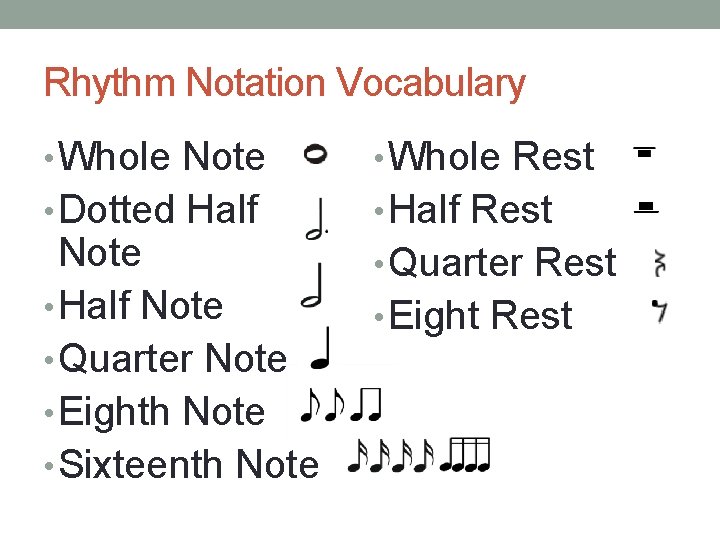 Rhythm Notation Vocabulary • Whole Note • Whole Rest • Dotted Half • Half