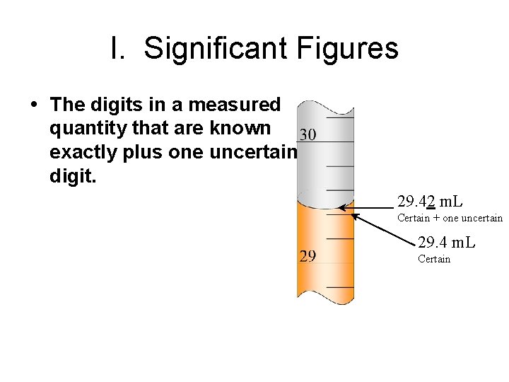 I. Significant Figures • The digits in a measured quantity that are known exactly