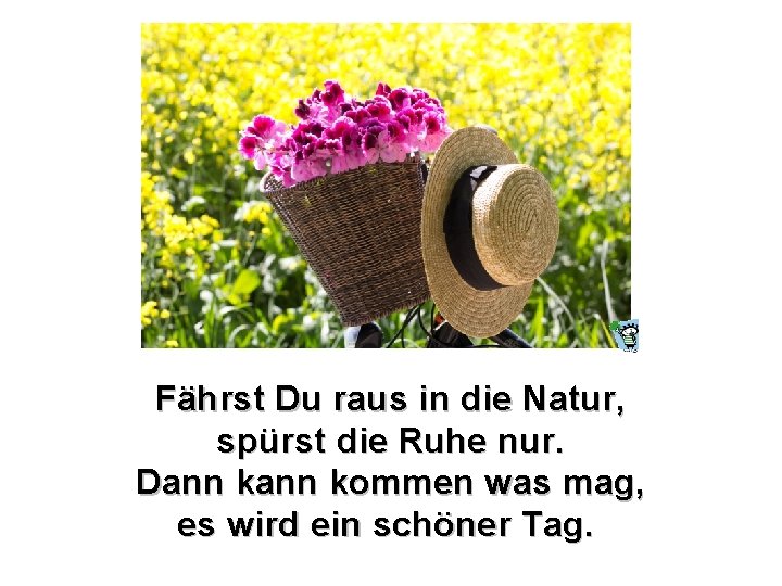 Fährst Du raus in die Natur, spürst die Ruhe nur. Dann kommen was mag,