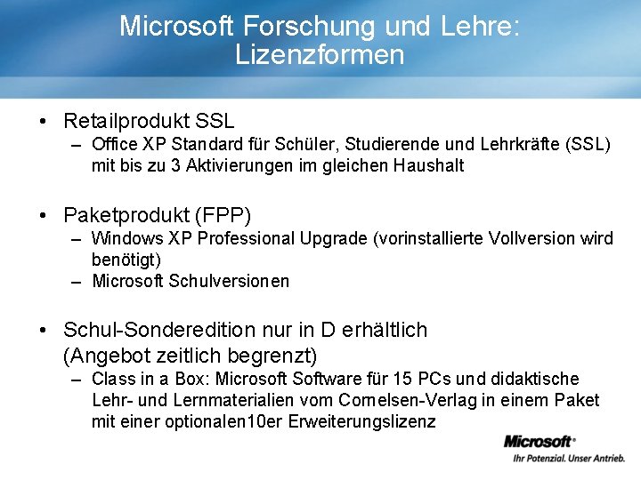 Microsoft Forschung und Lehre: Lizenzformen • Retailprodukt SSL – Office XP Standard für Schüler,