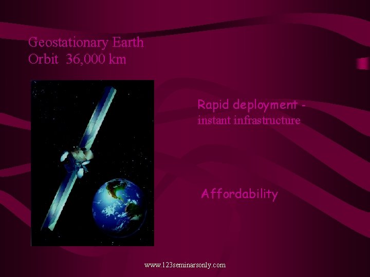 Geostationary Earth Orbit 36, 000 km Rapid deployment instant infrastructure Affordability www. 123 seminarsonly.