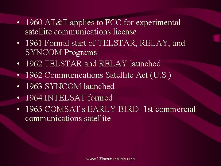  • 1960 AT&T applies to FCC for experimental satellite communications license • 1961