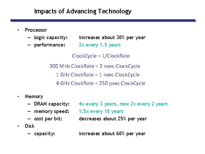Impacts of Advancing Technology • Processor – logic capacity: – performance: increases about 30%
