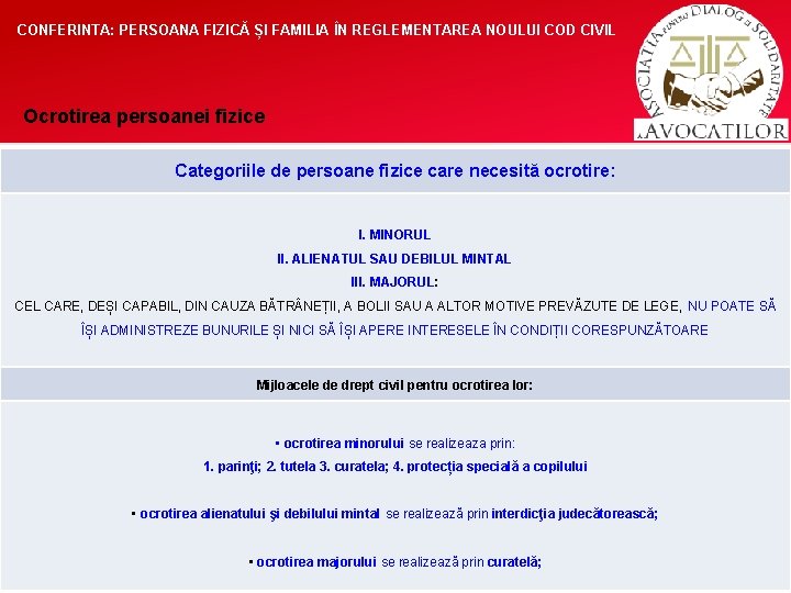 CONFERINTA: PERSOANA FIZICĂ ȘI FAMILIA ÎN REGLEMENTAREA NOULUI COD CIVIL Ocrotirea persoanei fizice Categoriile