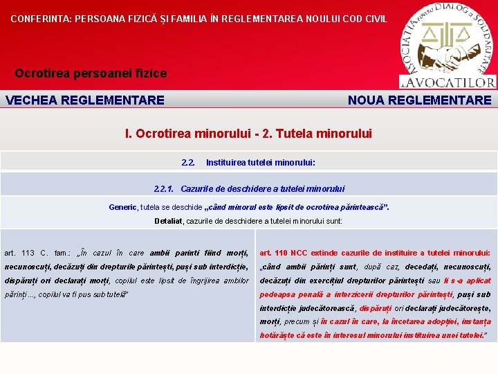 CONFERINTA: PERSOANA FIZICĂ ȘI FAMILIA ÎN REGLEMENTAREA NOULUI COD CIVIL Ocrotirea persoanei fizice VECHEA