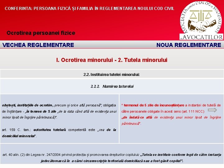 CONFERINTA: PERSOANA FIZICĂ ȘI FAMILIA ÎN REGLEMENTAREA NOULUI COD CIVIL Ocrotirea persoanei fizice VECHEA