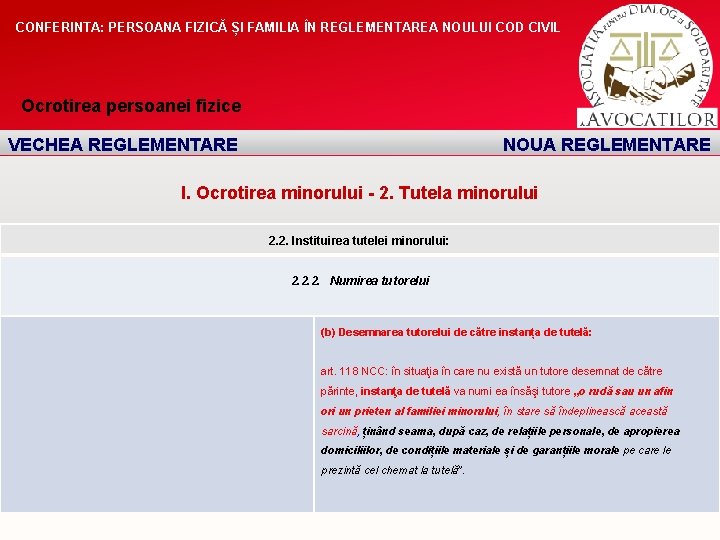 CONFERINTA: PERSOANA FIZICĂ ȘI FAMILIA ÎN REGLEMENTAREA NOULUI COD CIVIL Ocrotirea persoanei fizice VECHEA