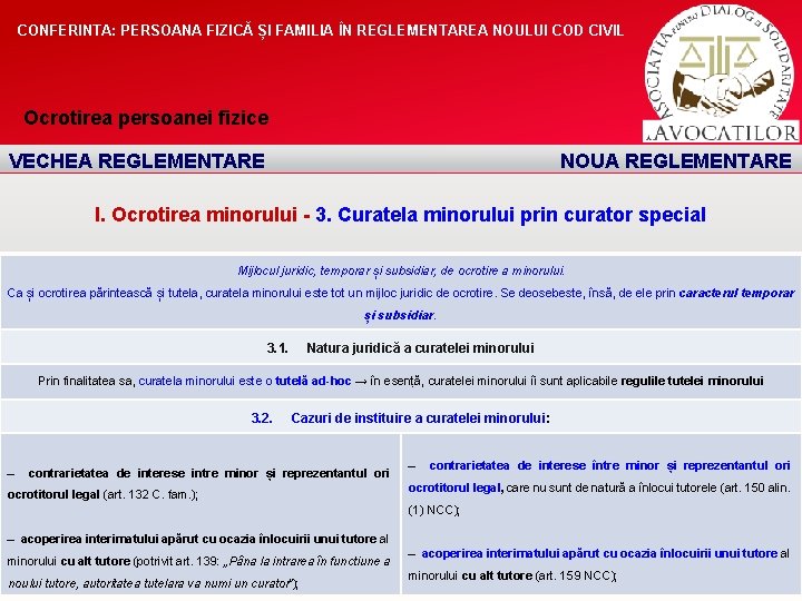 CONFERINTA: PERSOANA FIZICĂ ȘI FAMILIA ÎN REGLEMENTAREA NOULUI COD CIVIL Ocrotirea persoanei fizice VECHEA