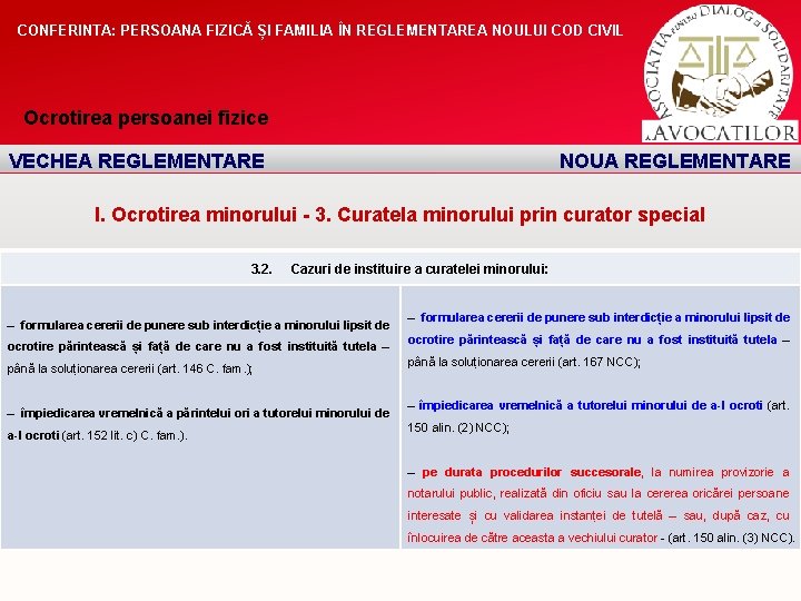 CONFERINTA: PERSOANA FIZICĂ ȘI FAMILIA ÎN REGLEMENTAREA NOULUI COD CIVIL Ocrotirea persoanei fizice VECHEA