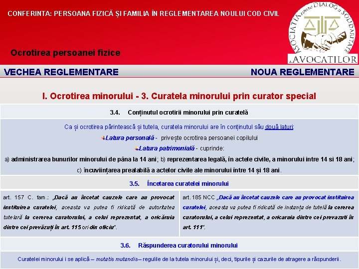 CONFERINTA: PERSOANA FIZICĂ ȘI FAMILIA ÎN REGLEMENTAREA NOULUI COD CIVIL Ocrotirea persoanei fizice VECHEA