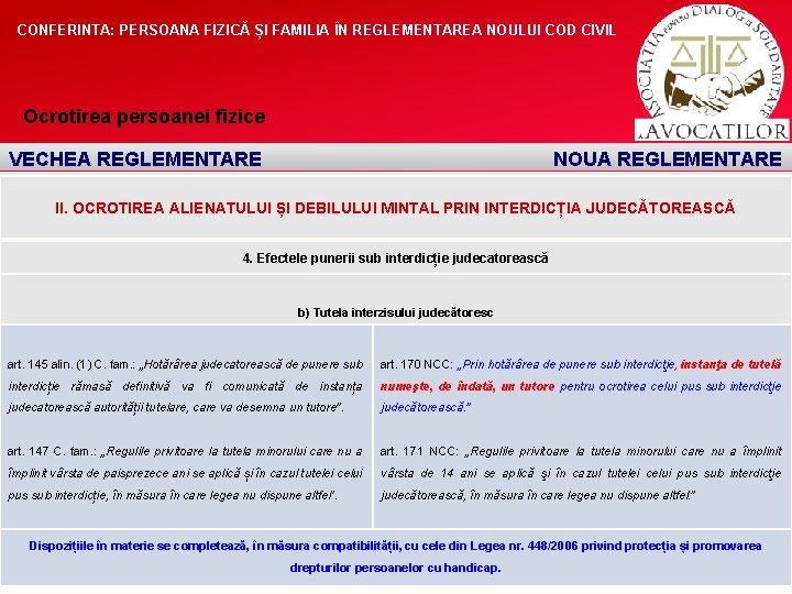 CONFERINTA: PERSOANA FIZICĂ ȘI FAMILIA ÎN REGLEMENTAREA NOULUI COD CIVIL Ocrotirea persoanei fizice VECHEA