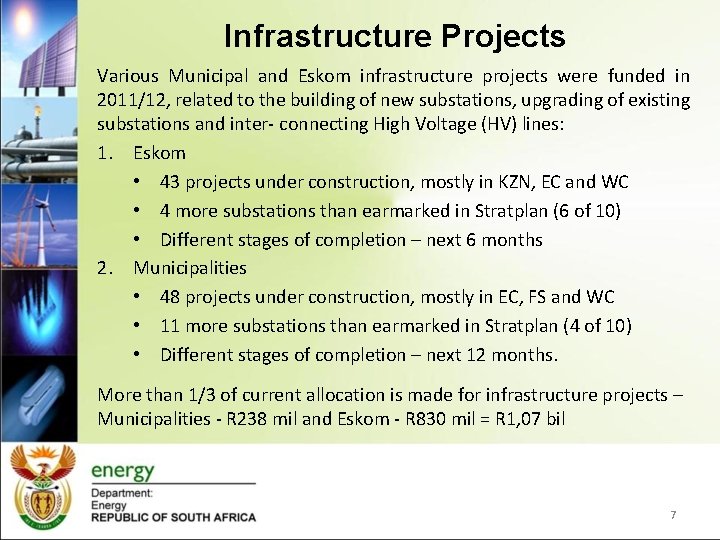 Infrastructure Projects Various Municipal and Eskom infrastructure projects were funded in 2011/12, related to