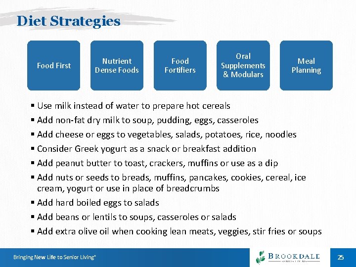 Diet Strategies Food First Nutrient Dense Foods Food Fortifiers Oral Supplements & Modulars Meal Diet Strategies Food First Nutrient Dense Foods Food Fortifiers Oral Supplements & Modulars Meal