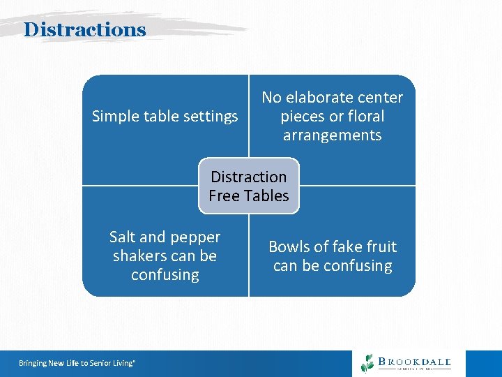 Distractions Simple table settings No elaborate center pieces or floral arrangements Distraction Free Tables Distractions Simple table settings No elaborate center pieces or floral arrangements Distraction Free Tables