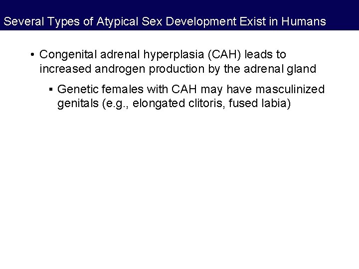 Several Types of Atypical Sex Development Exist in Humans • Congenital adrenal hyperplasia (CAH) Several Types of Atypical Sex Development Exist in Humans • Congenital adrenal hyperplasia (CAH)