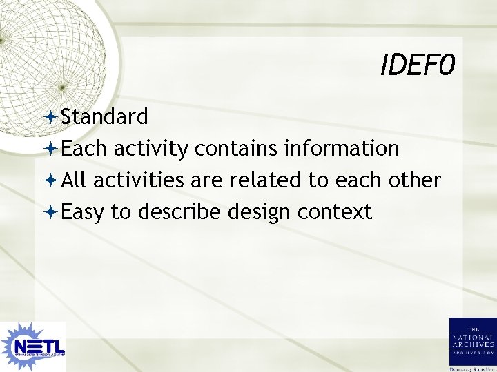 IDEF 0 Standard Each activity contains information All activities are related to each other