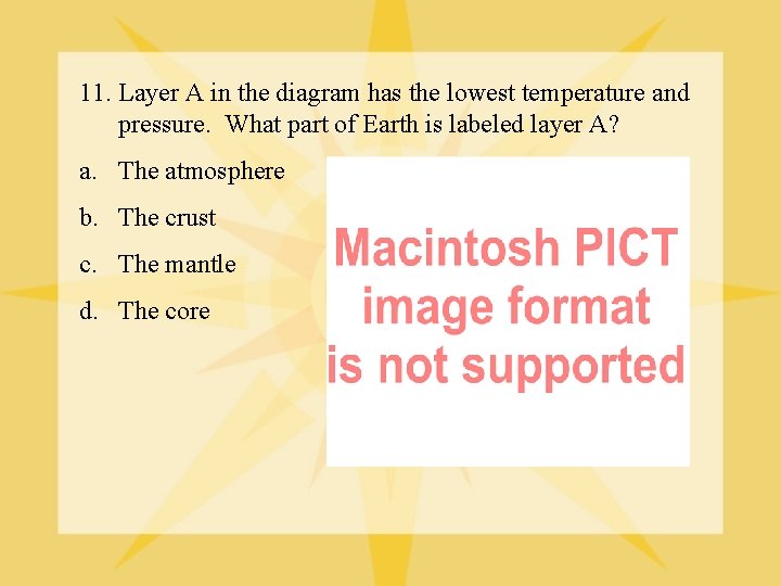 11. Layer A in the diagram has the lowest temperature and pressure. What part