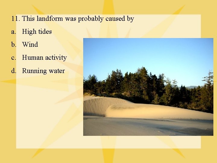 11. This landform was probably caused by a. High tides b. Wind c. Human