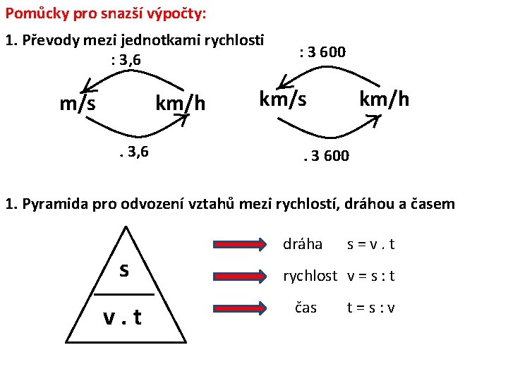 Pomůcky pro snazší výpočty: 1. Převody mezi jednotkami rychlosti : 3, 6 m/s km/h.