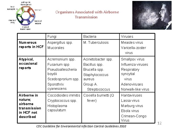  Organisms Associated with Airborne Transmission Fungi Bacteria Viruses Numerous reports in HCF Aspergillus