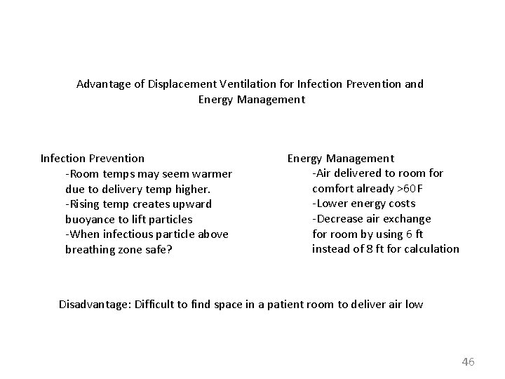 Advantage of Displacement Ventilation for Infection Prevention and Energy Management Infection Prevention -Room temps