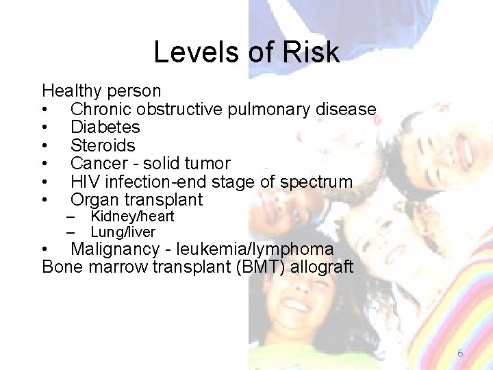 Levels of Risk Healthy person • Chronic obstructive pulmonary disease • Diabetes • Steroids