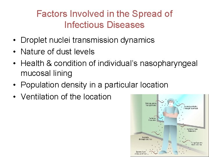 Factors Involved in the Spread of Infectious Diseases • Droplet nuclei transmission dynamics •