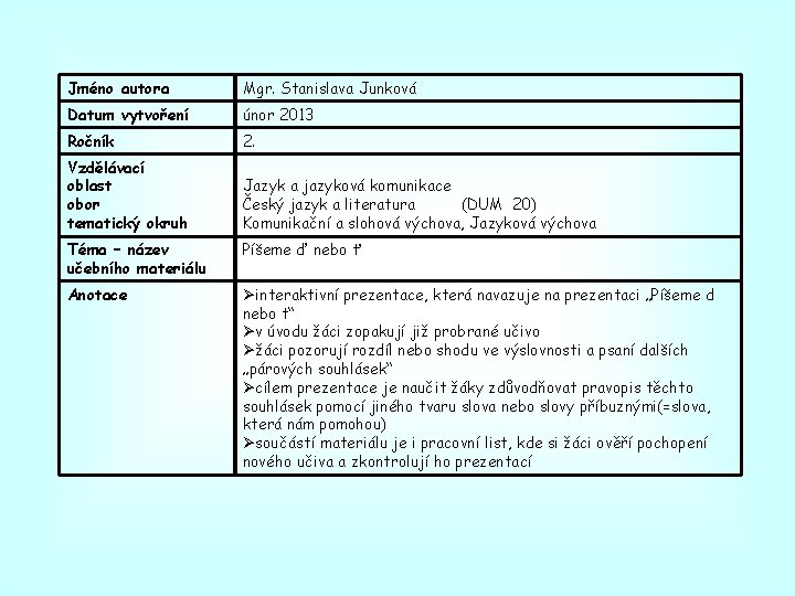 Jméno autora Mgr. Stanislava Junková Datum vytvoření únor 2013 Ročník 2. Vzdělávací oblast obor