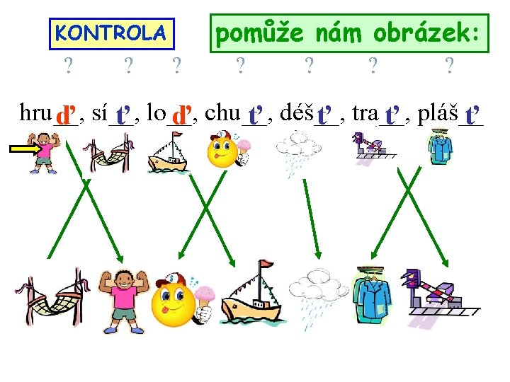 KONTROLA pomůže nám obrázek: hru__, ď sí__, ť lo__, ď chu__, ť déš__, ť