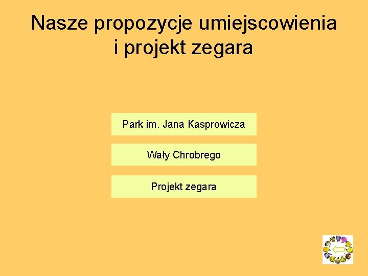 Nasze propozycje umiejscowienia i projekt zegara Park im. Jana Kasprowicza Wały Chrobrego Projekt zegara