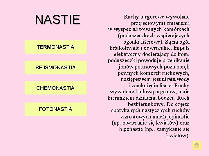 NASTIE TERMONASTIA SEJSMONASTIA CHEMONASTIA FOTONASTIA Ruchy turgorowe wywołane przejściowymi zmianami w wyspecjalizowanych komórkach (poduszeczkach NASTIE TERMONASTIA SEJSMONASTIA CHEMONASTIA FOTONASTIA Ruchy turgorowe wywołane przejściowymi zmianami w wyspecjalizowanych komórkach (poduszeczkach