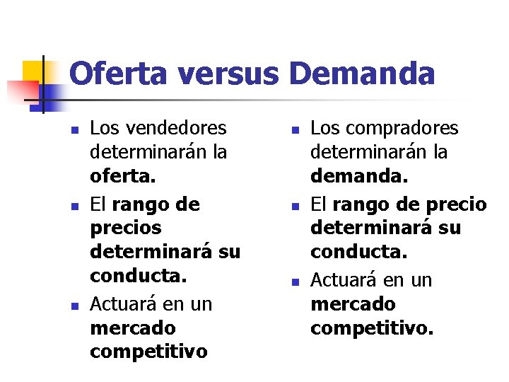 Oferta versus Demanda n n n Los vendedores determinarán la oferta. El rango de