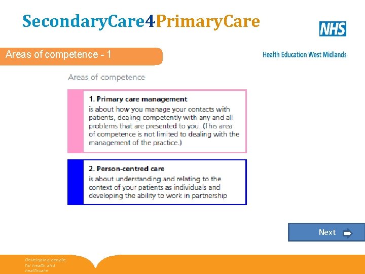Secondary. Care 4 Primary. Care Areas of competence - 1 Next Developing people for