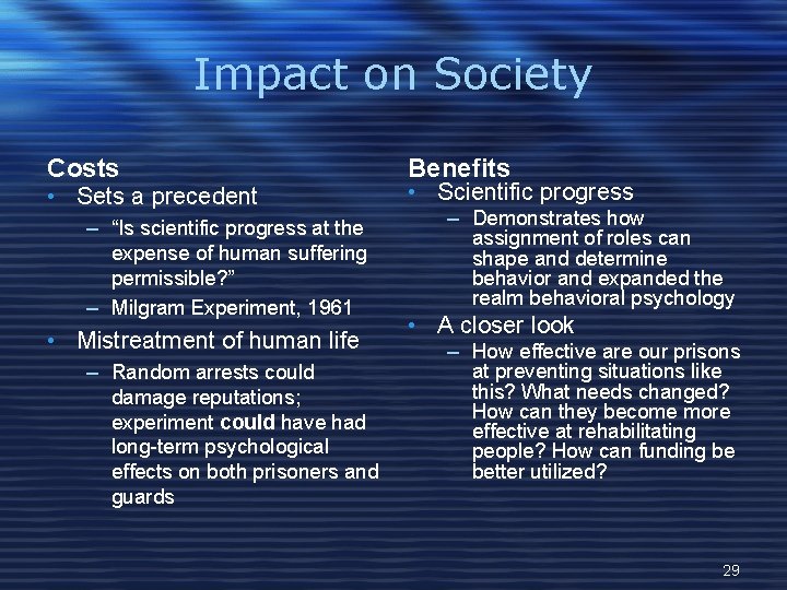 Impact on Society Costs • Sets a precedent – “Is scientific progress at the