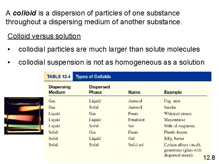 A colloid is a dispersion of particles of one substance throughout a dispersing medium