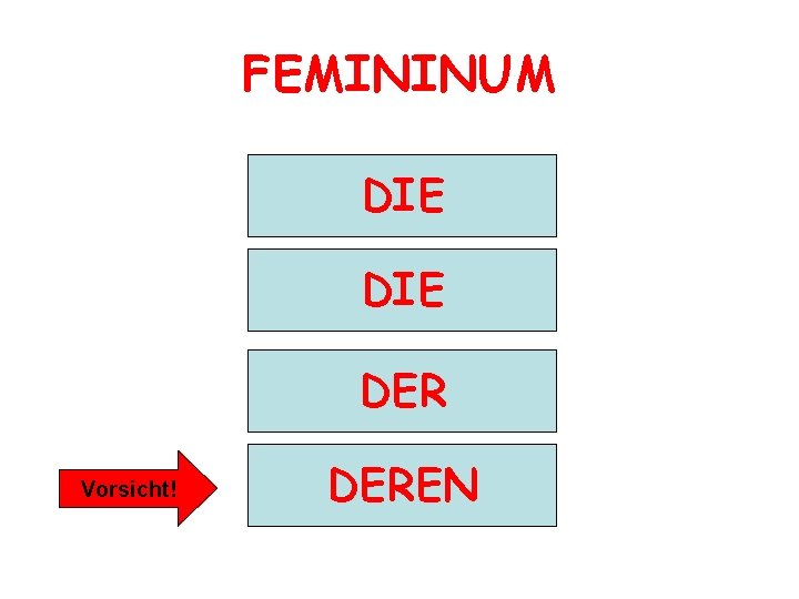 FEMININUM NOMINATIV DIE AKKUSATIV DIE DATIV DER Vorsicht! GENITIV DEREN 