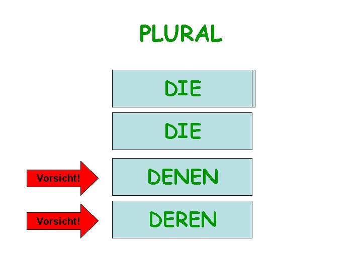 PLURAL NOMINATIV DIE AKKUSATIV DIE Vorsicht! DENEN DATIV Vorsicht! GENITIV DEREN 