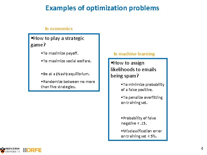 Examples of optimization problems In economics §How to play a strategic game? §To maximize