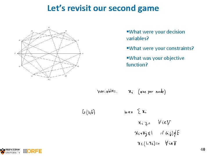 Let’s revisit our second game §What were your decision variables? §What were your constraints?