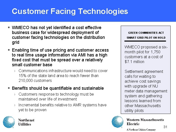 Customer Facing Technologies § WMECO has not yet identified a cost effective business case Customer Facing Technologies § WMECO has not yet identified a cost effective business case