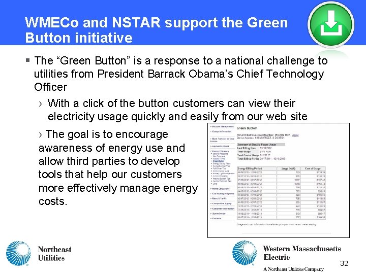 WMECo and NSTAR support the Green Button initiative § The “Green Button” is a WMECo and NSTAR support the Green Button initiative § The “Green Button” is a