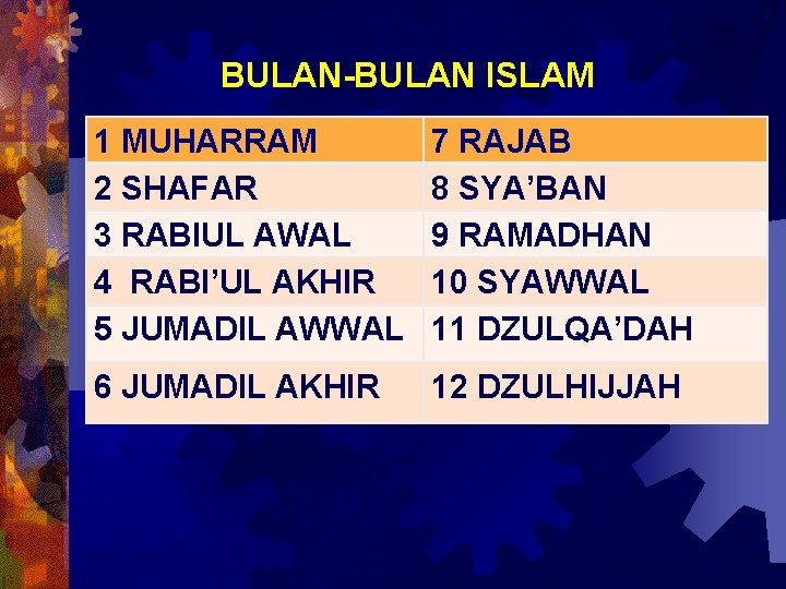 BULAN-BULAN ISLAM 1 MUHARRAM 2 SHAFAR 3 RABIUL AWAL 4 RABI’UL AKHIR 5 JUMADIL