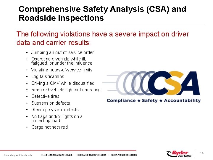 Comprehensive Safety Analysis (CSA) and Roadside Inspections The following violations have a severe impact Comprehensive Safety Analysis (CSA) and Roadside Inspections The following violations have a severe impact