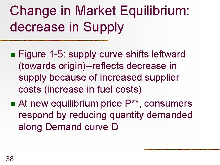 Change in Market Equilibrium: decrease in Supply n n 38 Figure 1 -5: supply