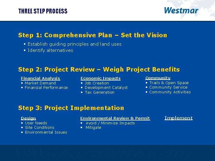 THREE STEP PROCESS Step 1: Comprehensive Plan – Set the Vision • Establish guiding