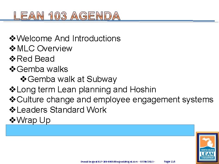 v. Welcome And Introductions v. MLC Overview v. Red Bead v. Gemba walks v.