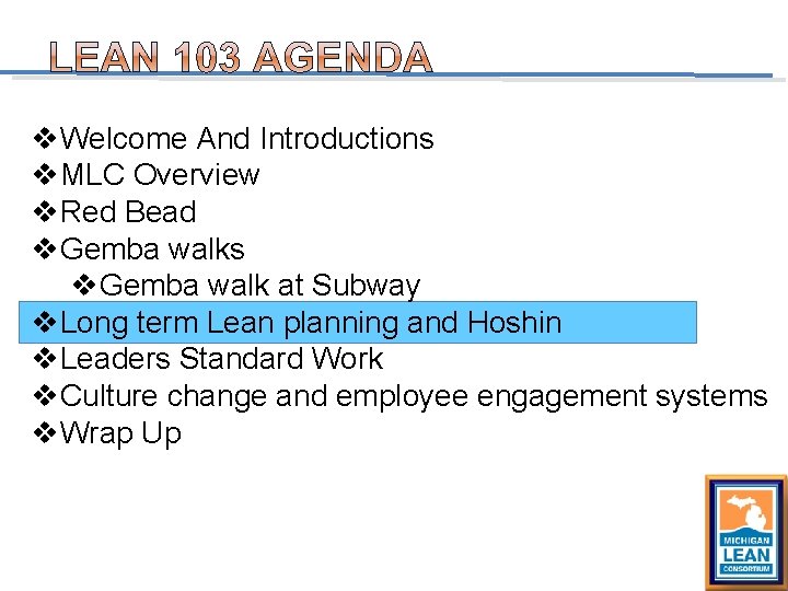 v. Welcome And Introductions v. MLC Overview v. Red Bead v. Gemba walks v.