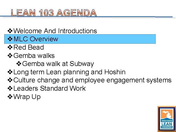 v. Welcome And Introductions v. MLC Overview v. Red Bead v. Gemba walks v.