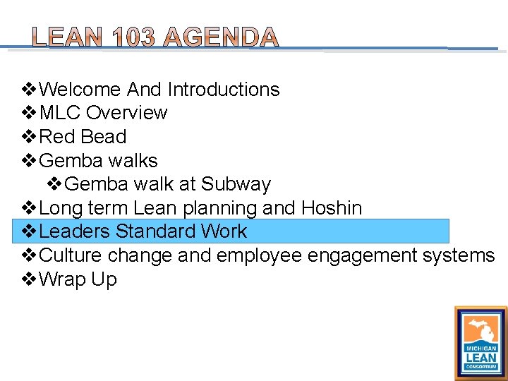 v. Welcome And Introductions v. MLC Overview v. Red Bead v. Gemba walks v.